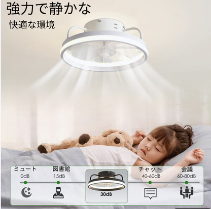 調光LEDライト付きシーリングファン – 快適さと洗練さを自在にコントロール！